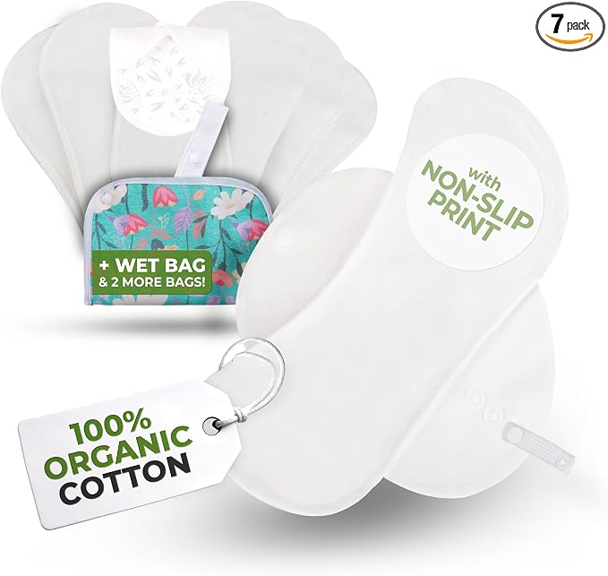 Non-Slip (Premium) Reusable Organic Panty Liners for Women & Teens (Medium 7-Pack) – Breathable High-Temp Washable Cotton Cloth Panty Liners for Vaginal Discharge – Keep You Fresh & Dry for Daily Use