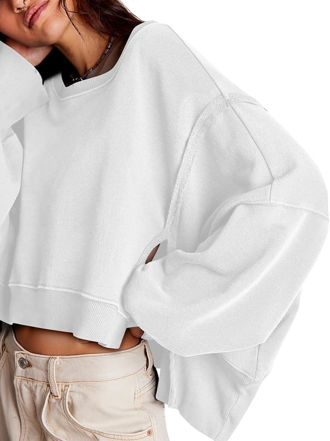 Zwurew Womens Casual Sweatshirt Cropped Shirts | Loose Fit, Tee Top, Pullover, Crop Hem, Design Trim, Daily Tops