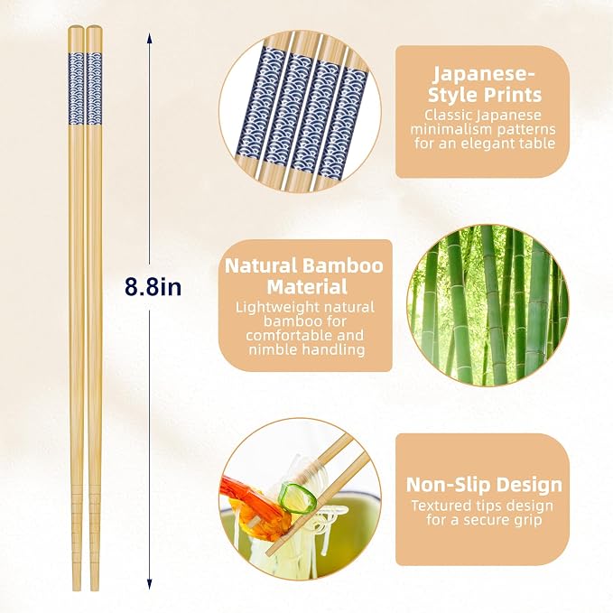 Antner 5 Pairs Bamboo Chopsticks Reusable Japanese Style Chopstick Gift Sets, Classic Natural Bamboo Chop Sticks Dishwasher Safe, 8.8 Inch/22.5cm