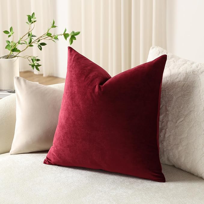 Euro Sham Covers 26x26 Wine Red: Pack of 2 Cozy Soft Velvet Square Modern Luxury Decorative Throw Pillow Cases for Christmas Sofa Couch Living Room Bed Home Decor