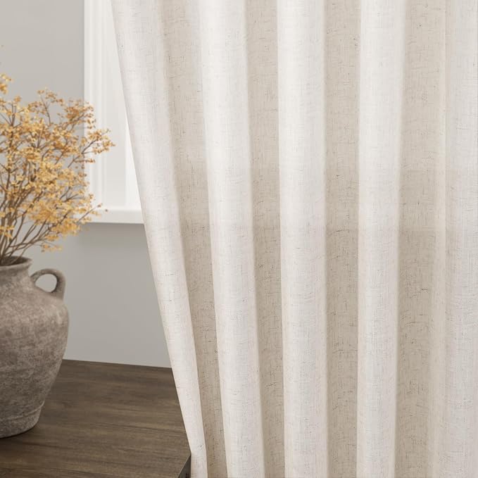Beige Linen Curtains 84 Inches Long for Bedroom Back Tab Light Filtering Privacy Sheer Curtains Modern Farmhouse Coastal Decor Linen Cotton Textured Gauze Curtain for Living Room 2 Panel Set 36x84