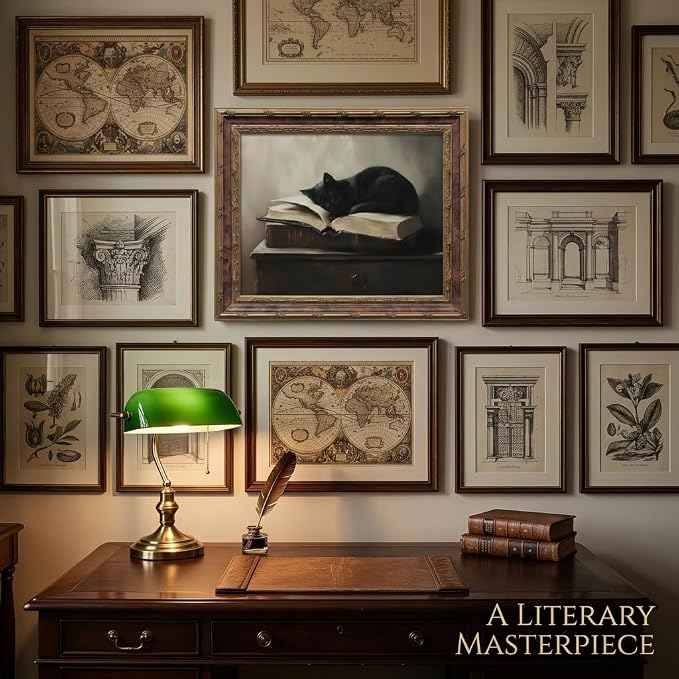 Vintage Moody Gothic Black Cat Wall Art, Dark Academia Cat Canvas Print, | Sleeping Cat on Antique Books Painting Poster, Literary Picture Wall Decor for Living Room Bedroom Office 16x24 In