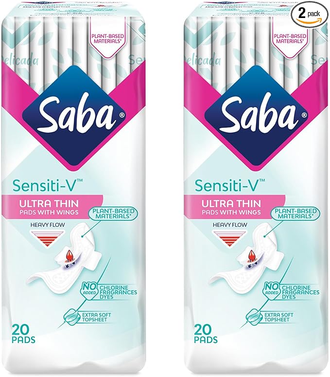 SABA Sensiti-V Ultrathin Pads for Sensitive Skin, Regular Flow, 2-Pack of 20 Pads (40 Count)
