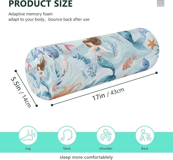 Watercolor Mermaid Dolphin Blue Neck Roll Pillow Bolster Round Health Memory Foam Long Cervical Cylinder Pillows with Removable Washable Cover for Body Bed Legs Back Yoga