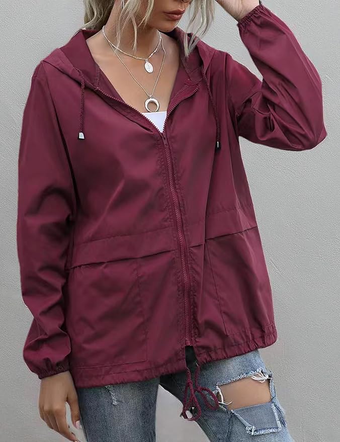 Women's Waterproof Raincoat Lightweight Rain Jacket Hooded Windbreaker with Pockets for Outdoor