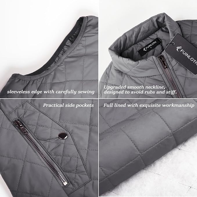 Fuinloth Women's Quilted Vest Lightweight Puffer Stand Collar Zip Gilet | 4 pockets with 2 inner storage. Quilted padded warm gilet. Fall winter outerwear layering vest for travel hiking daily wear.