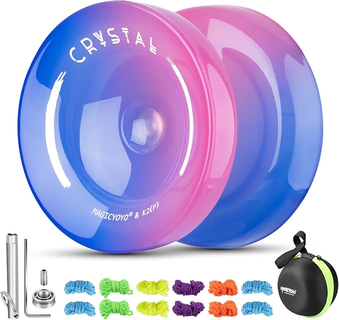 MAGICYOYO K2 Crystal Yoyo for Kids Beginners, Responsive Yoyo with Unresponsive Bearing for Replacement, Plastic Yo-yo Professional with 12 Yo yo Strings, Case Bag, Yo-Yo Accessory Set-Blue Pink