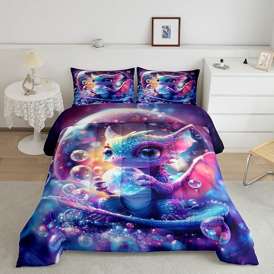 Feelyou Dragon Comforter Set Queen Size Kawaii Comforter for Boys Girls Teens Wild Life Bedding Set Dragon Decor Duvet Set Room Decor Purple Blue Quilt Set