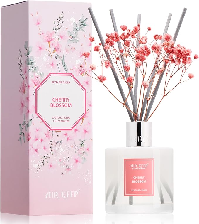 Airkeep Reed Diffuser Set,6.96 fl oz (200 ml) - Cherry Blossom Oil Diffusers with 8 Reed Sticks, Home Fragrance Reed Diffuser for Bathroom Shelf Decor