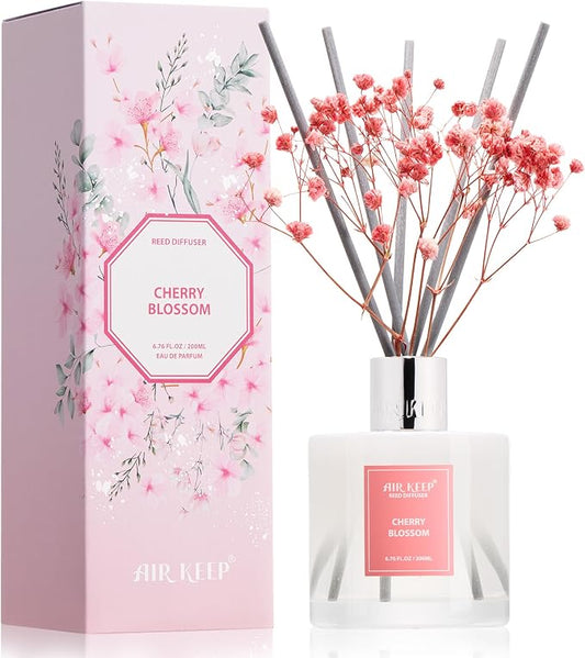 Airkeep Reed Diffuser Set,6.96 fl oz (200 ml) - Cherry Blossom Oil Diffusers with 8 Reed Sticks, Home Fragrance Reed Diffuser for Bathroom Shelf Decor
