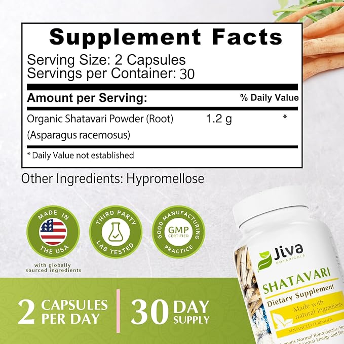 Jiva Botanicals Shatavari Capsules for Women – 1,200mg Organic Shatavari Powder for Hormonal Balance, Women’s Reproductive Health & Menopause Support – Non-GMO, Vegan, Gluten-Free – 60 Capsules