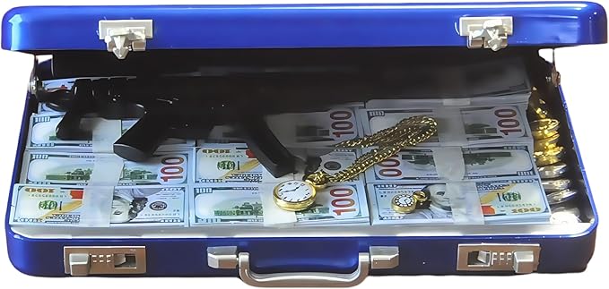1:6 Scale Miniature Briefcase Set - Includes Fake Gold Bars, Bundles of $100 Mini Dollar Bills, Vintage Coins and Mini Weapons - Unique Adult NoveltyToy & Dollhouse Accessories (Blue)