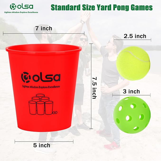 Olsa Giant Pong Yard Games, Yard Pong Outdoor Game for Adults and Family, Toss Backyard Lawn Games with 12 Buckets, Balls, Strength Carrying Bag for Beach Camping Backyard Party(Red)