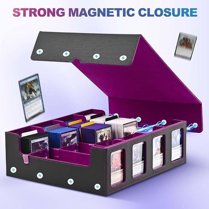 UAONO Trading Card Storage Box with Commander Display; 2400+ Deck Box for MTG with Removable Cover; Top Loaders Card Case fits Magic TCG PTCG Sports Cards; 24 Dividers, 4 Stoppers (Black, Purple)