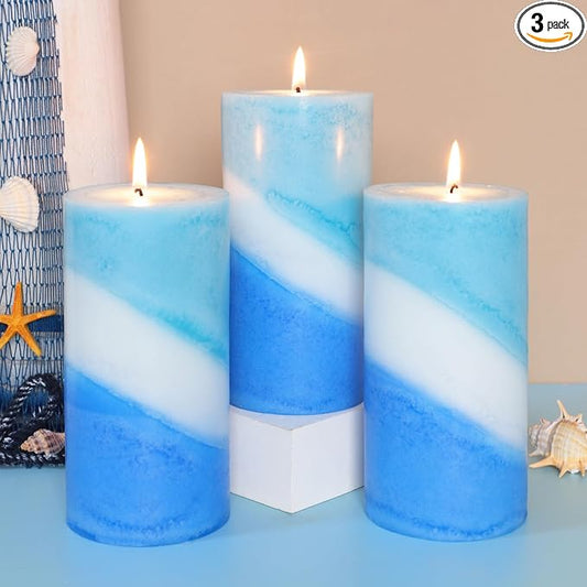 Crystal Club Ocean Scented Pillar Candle Set of 3, 70+ Hour Burning Time, 3X6 Inch Blue and White Candles, Ocean Breeze Scented Candles for Home Beach Decor