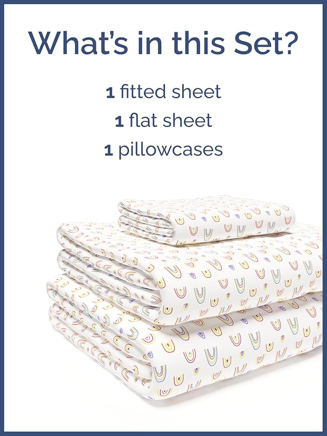 Kids Twin Size Bed Sheet Set - 3 Piece Kids Loft Bed Sheets - Rainbow Cartoon Theme Bedding - Soft, Cute and Cozy - Breathable and Machine Washable - Colorful Bed Set for Boys, Girls, Teens & Toddlers
