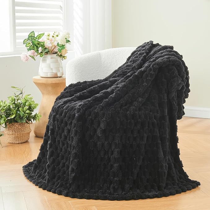 NEWCOSPLAY Super Soft Twin Blanket Black Premium Silky Flannel Fleece 3D Clouds Stylish Jacquard Lightweight Bed Blanket All Season Use 350GSM (Black, Twin(60"x80"))
