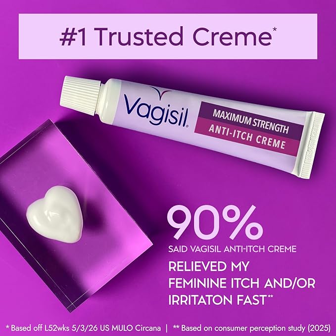 Vagisil Maximum Strength Feminine Anti-Itch Cream with Benzocaine for Women, Helps Relieve Yeast Infection Irritation, Gynecologist Tested, Fast-Acting, Soothes and Cools Skin, 1 oz