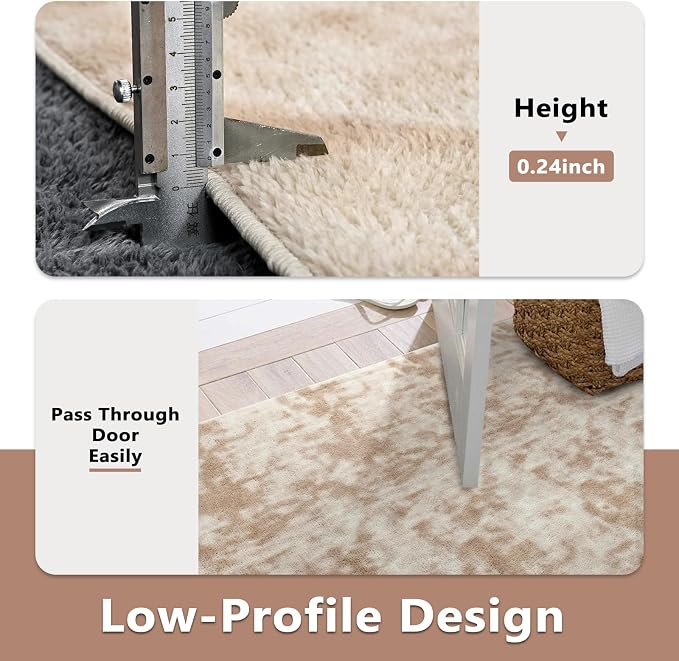FinRèc 5x7 Washable Area Rugs for Bedroom Living Room, Low Pile Thin Ultra Soft Shag Rug, Non-Slip Carpet Indoor for Home Decor (Tie-dye Light Tan)