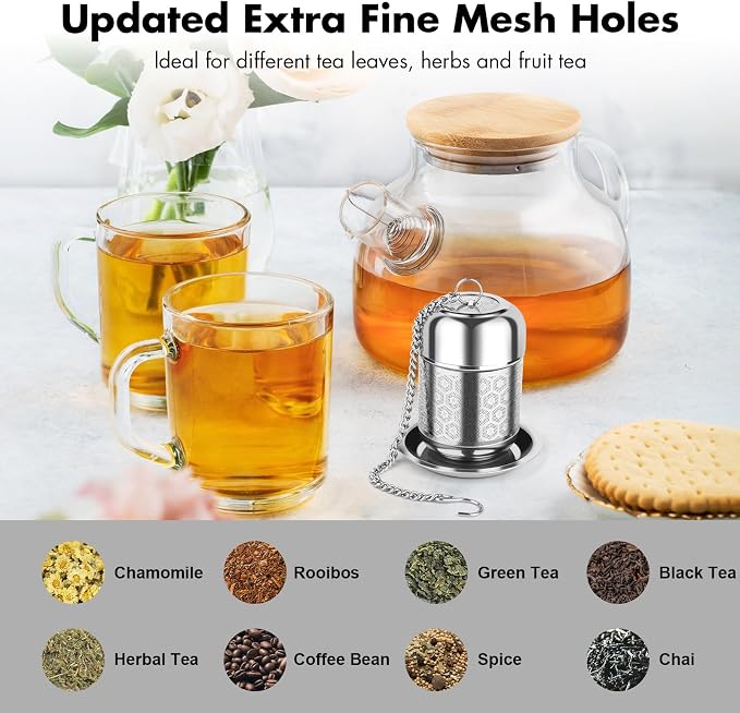 Tea Infuser for Loose Leaf Tea, Extra Fine Mesh Tea Strainers, 304 Stainless Steel & Updated Slim Threaded Lid, Loose Leaf Tea Steeper for Brew Tea, Spices, Rooibos, 2 Pcs, Small, Sliver