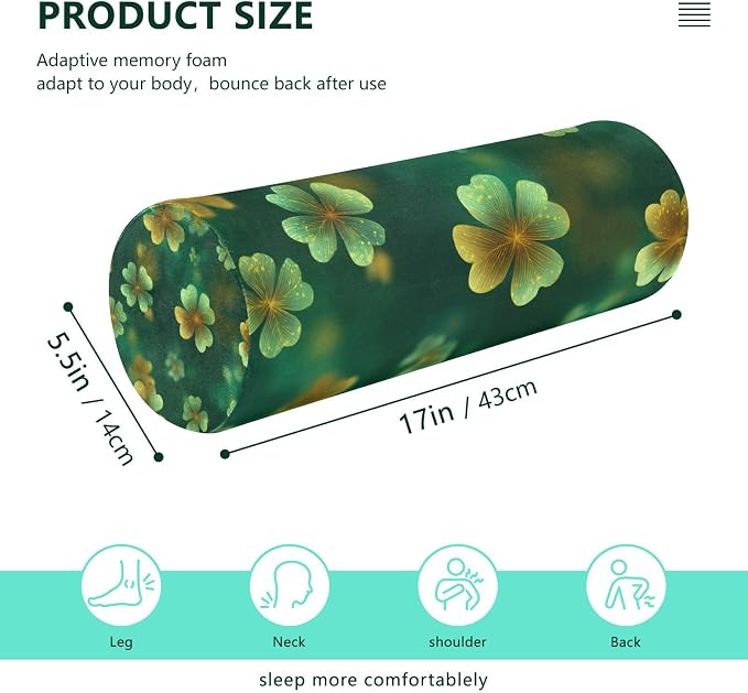 Green Sparkling Clover St Neck Roll Pillow Bolster Round Health Memory Foam Long Cervical Cylinder Pillows with Removable Washable Cover for Body Bed Legs Back Yoga