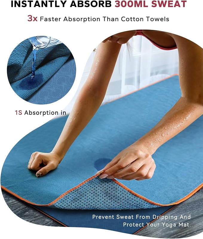 HAPBEAR Hot Yoga Towel with Non-Slip Grip Dots, 72" x 24" - Super Absorbent, Soft Microfiber Yoga Mat Towel for Bikram, Gym, Pilates - Blue