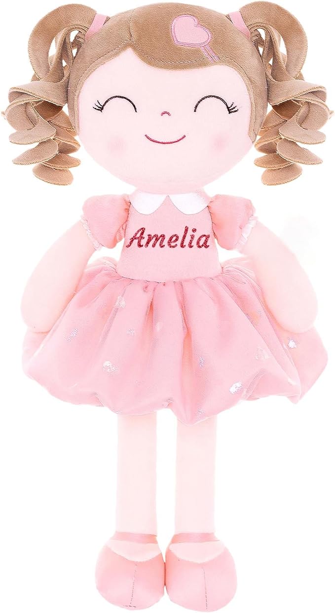 Gloveleya Personalized Baby Doll – Custom Name Plush Girl Doll with Curly Hair & Pink Heart Dress 16", Unique Gift for Birthday, Baby Shower, Christmas & Holiday Keepsake for Toddlers and Little Girls