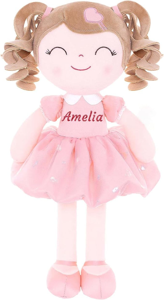 Gloveleya Personalized Baby Doll – Custom Name Plush Girl Doll with Curly Hair & Pink Heart Dress 16", Unique Gift for Birthday, Baby Shower, Christmas & Holiday Keepsake for Toddlers and Little Girls