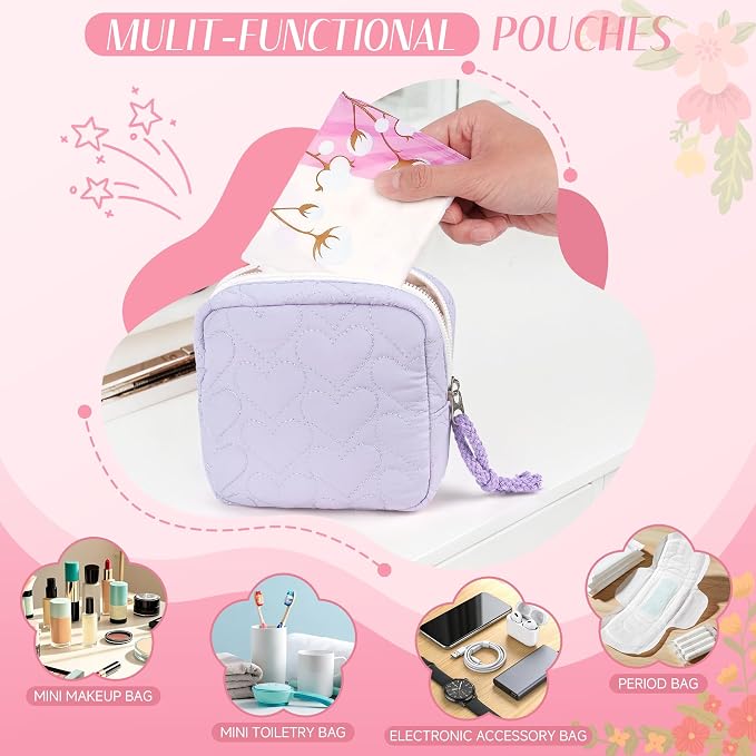 Likesing Quilted Period Bag, Period Pouches for Teen Girls Womens, Portable Sanitary Napkin Storage Bag Feminine Emergency Tampon Pad Pouch(Light Pink)