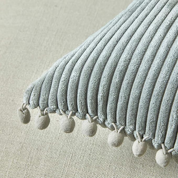 Fancy Homi Pack of 2 Farmhouse Decorative Throw Pillow Covers with Pom-poms, Soft Corduroy Accent Solid Square Cushion Case Set for Couch Sofa Bedroom Car Living Room (16x16 Inch/40x40 cm, Grey)