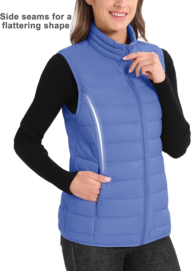 MAGCOMSEN Women's Puffer Vest Lightweight Stand Collar Zip 4 Pockets Puffy Vests Sleeveless Quilted Padded Outerwear