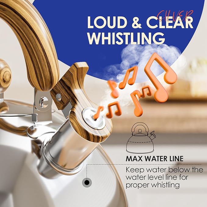 4.2 Quart Tea Kettle Stovetop Whistling for Stove Top, Handle Silver | Food Grade Stainless Steel Tea Kettles with Cool Wood Pattern Handle, Induction Compatible