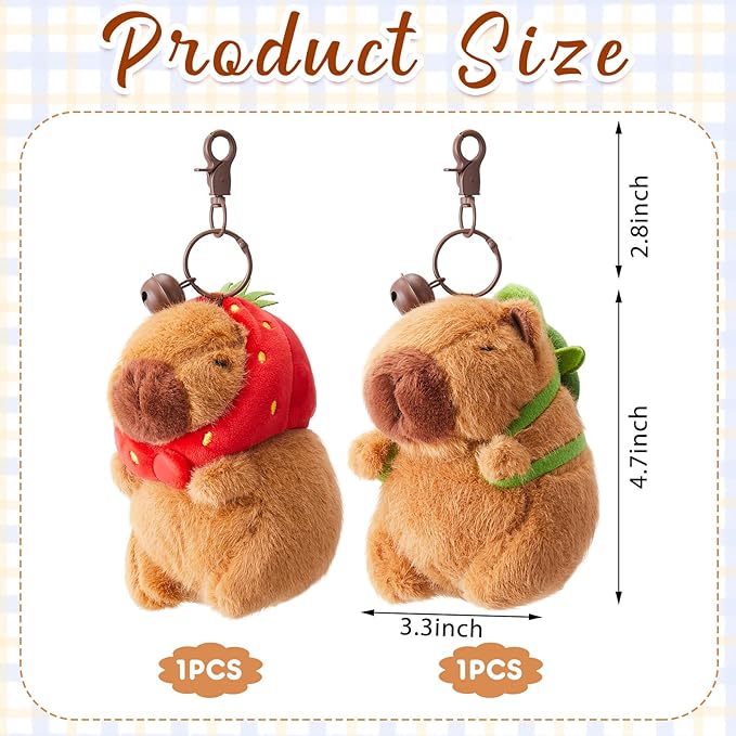 2 Pcs Capybara Plush Keychain Capybara Stuffed Animals Plush Pendant for Christmas Gifts Exchange Birthday Party(Turtle Bag, Strawberry Hood)