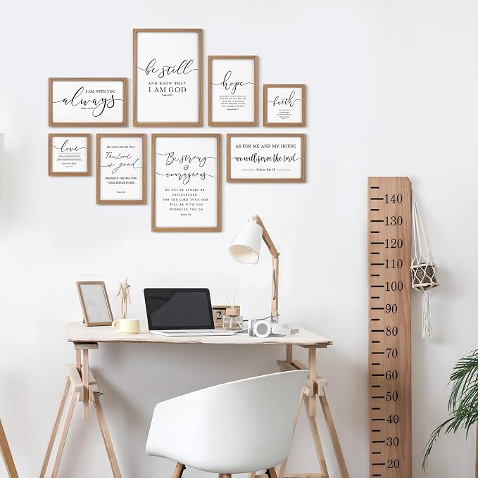 Faccito 8 Set Bible Christian Wall Art Framed, Wooden Decor | Religious Quotes Decor for Bedroom Office, Inspirational Scripture Wooden Art, Modern Framed Set for Home Classroom Work