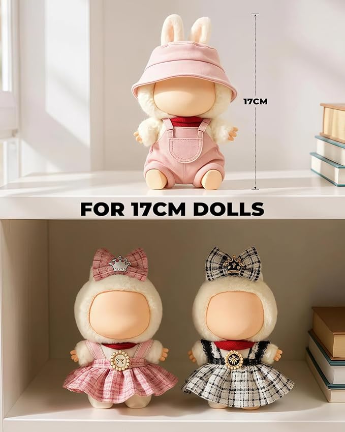 (3-Pack) 17cm Doll Clothes Set, Black Plaid Outfit & Pink Plaid Dress Set with Bow Clip and Metallic Details, Light Pink Fisherman Hat & Suspender Skirt for 17cm Doll, Cute Clothing