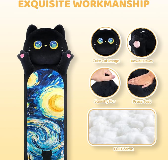 Long Cat Plush 5 Sizes, 120% Extra Filling Giant Plushness Kids Body Pillow, Kawaii Cute Black Starry Cat Stuffed Animals Plushies, Big Long Body Pillow Cat Plush Gift for Girls 53”