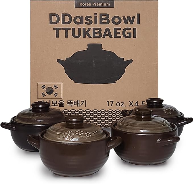 – 4-Pack Korean Clay Pots (17oz / 500ml) with Lids & Handles – Ttukbaegi Stone Bowls for Cooking Bibimbap, Donabe Style Korean Clay Cookware – Oven & Stovetop Safe
