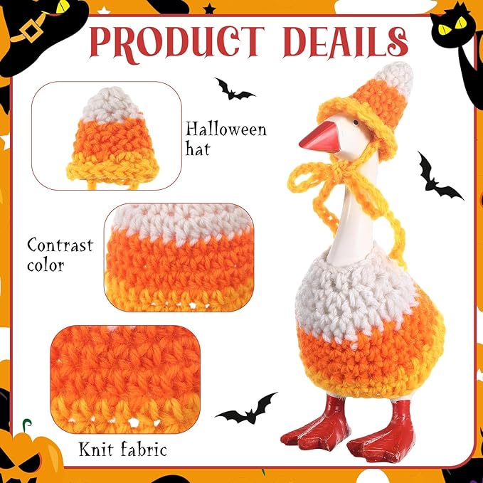 Halloween 7inch Desk Goose Outfits Mini Knitted Costume with Hat for Desk Magnetic Goose Key Holder Halloween Decor (Witch)(2 Sets,Witch and Candy Cone)