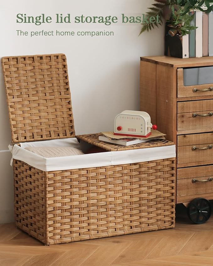 SETVSON Storage Basket with Lid, 2-Lid PE Rattan Storage Bin, Natural | 160L Storage Bin with 2 Separate Lids, 2 Removable Liners for Clothes & Blankets, Sturdy Metal Frame, PE Rattan