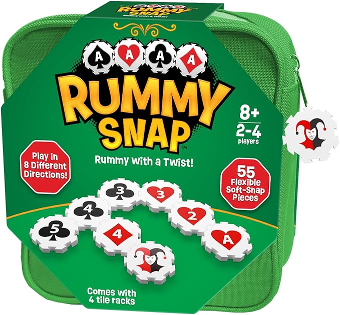 Rummy Strategy Game for Adults, Family, and Kids, Includes Full Size Snap Tiles, Racks, and Storage Travel Bag, Fun for Ages 8+, 2-4 Players