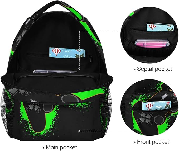 Green and Black Video Game Boys Girls Kids School Backpacks Bookbag, Elementary School Bag Travel Backpack Daypack