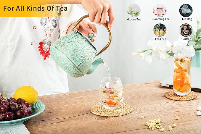 TOPTIER Japanese Cast Iron Teapot with Infuser, Stovetop Safe, Leaf Design Tea Kettle, Enameled Interior, 32 Ounce (950 ml), Blush Pink
