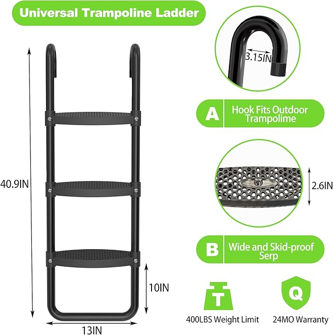 Trampoline Ladder and Slide Kit - Universal 3 Steps Stair Slide with Buffer, Easy to Climb Trampoline Accessories for Kids, Replacement Parts & Attachmentfor 10 12 14 15ft Trampolines （Black）
