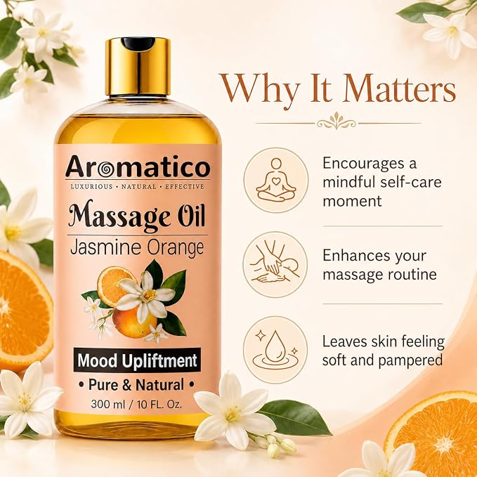 AROMATICO Massage Oil for Massage Therapy with Jasmine & Orange Essential Oils. Infused with Sesame, Almond & Jojoba Oils. Full Body Massage Oil for Mood Upliftment – 10 Fl Oz
