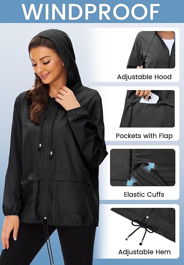 Zando Lightweight Rain Jacket Women Packable Waterproof Raincoat with Hood | Windbreaker Jacket Women, Light Raincoats for Drizzle, Rain Coats for Travel, Hiking and Commute