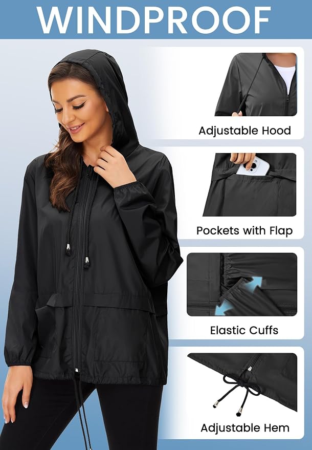 Zando Lightweight Rain Jacket Women Packable Waterproof Raincoat with Hood | Windbreaker Jacket Women, Light Raincoats for Drizzle, Rain Coats for Travel, Hiking and Commute