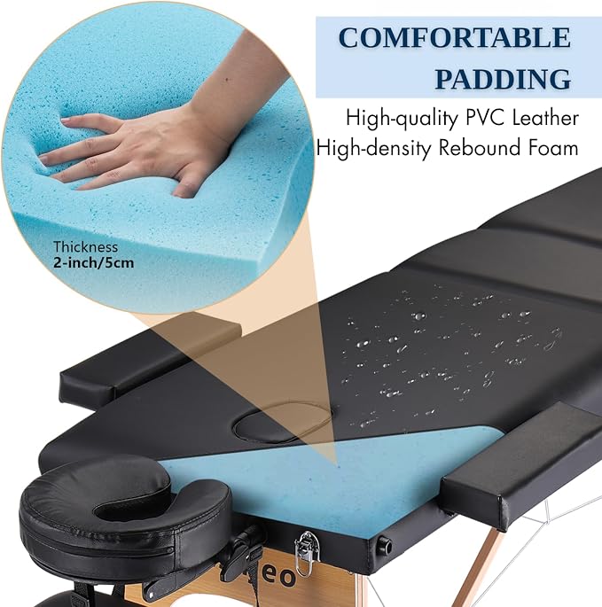 Portable Massage Table Massage Bed Professional SPA Reiki Eyelash Salon Bed, Wooden Frame Height Adjustment Accessories, Black (3-Section)