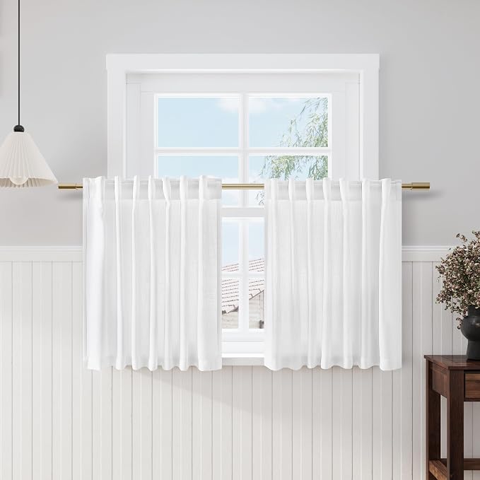 Nanspring Linen Textured Half Curtains for Cafe Back Tab Rod Pocket Window Toppers Valances White Semi Sheer Curtains for Home Office Guest Room Laundry Room Cabinet 2 Panels Set 52x26