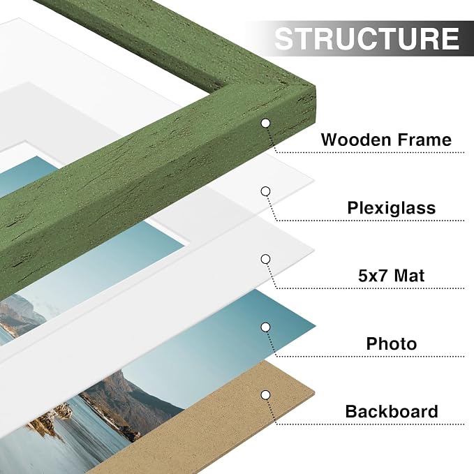 Vittanly 8x10 Picture Frames Set of 9, Wall & Tabletop, Rustic Green | Display Pictures 5x7 with Mat or 8x10 without Mat, Small Photo Frames, Engineered Wood with Shatter Resistant Plexiglass