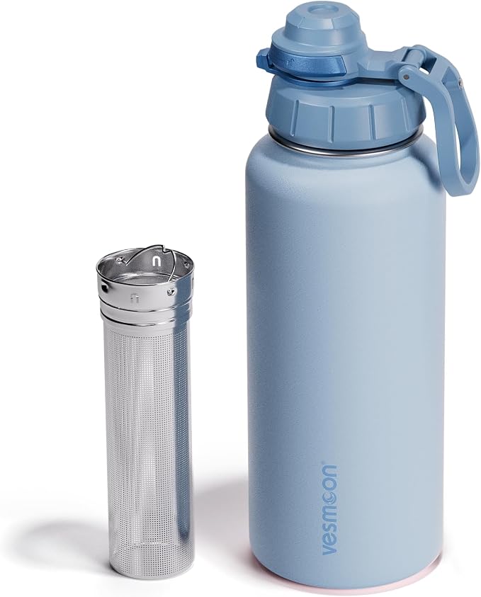 Vesmoon Vessence 32 Oz Stainless Steel Tea Infuser Bottle for Loose Leaf Tea, Water, Herbs, Fruits - Triple Layered Insulated, Leak Proof Bottle with Lid and Clip Handle - 24 Hours Hot/Cold